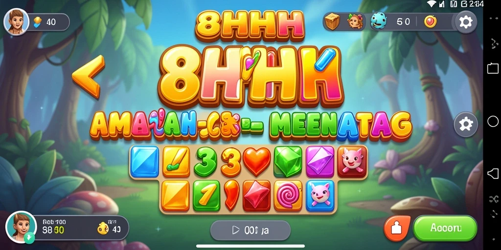 Tampilan gameplay seru di 8HHH dengan permata berwarna-warni.