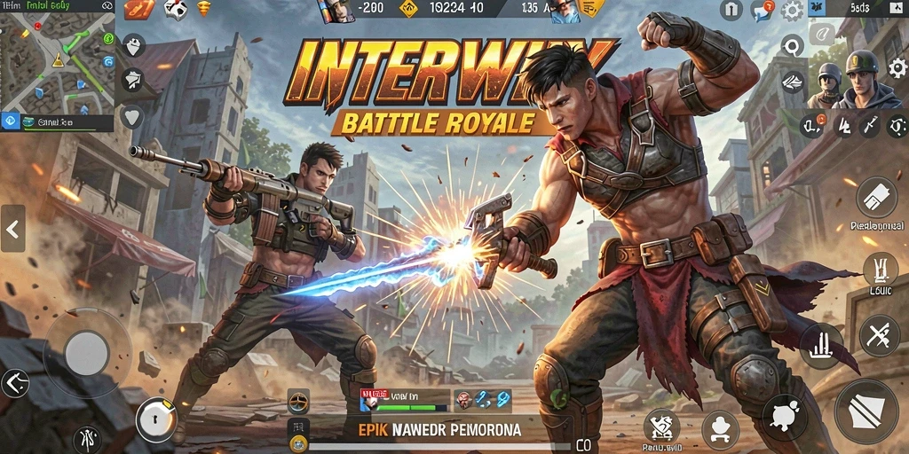 Tangkapan layar INTERWIN menunjukkan aksi Battle Royale yang mendebarkan.