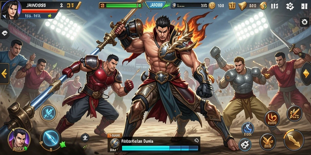 Screenshot utama JAVO88 menampilkan pertarungan seru antara dua karakter.