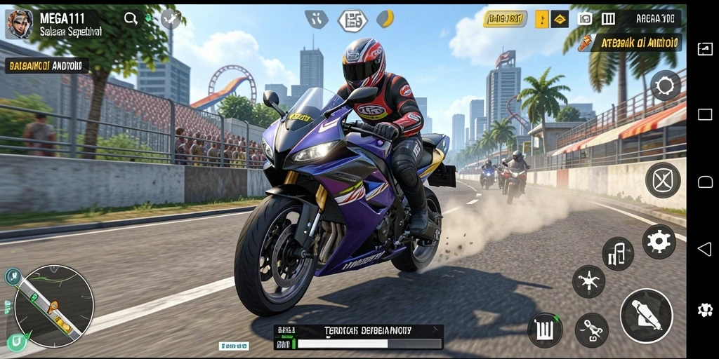 Tampilan gameplay balapan motor yang mendebarkan di MEGA111.