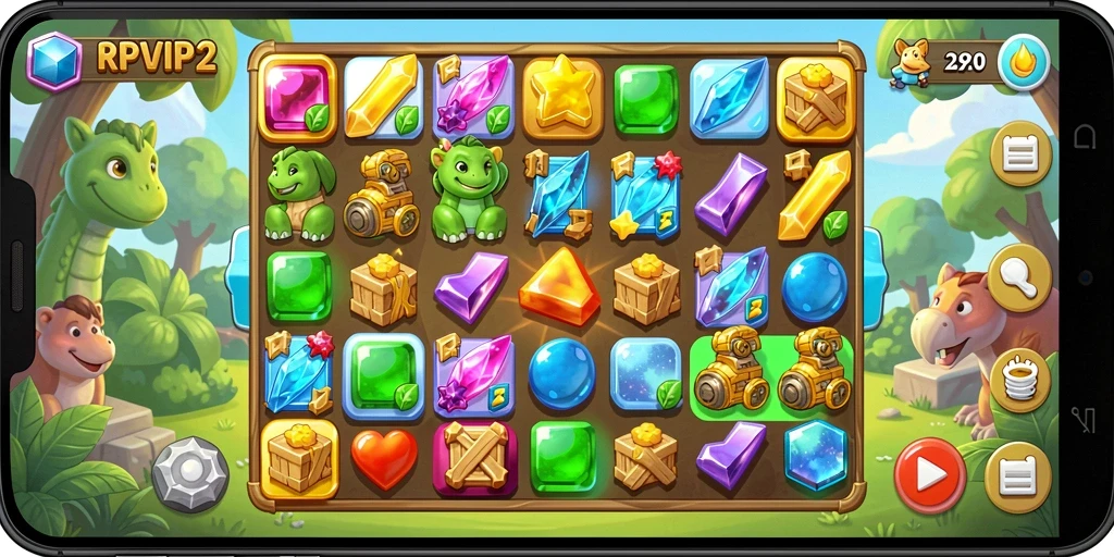 Tampilan gameplay RPVIP2 dengan skema warna cerah dan tantangan seru.