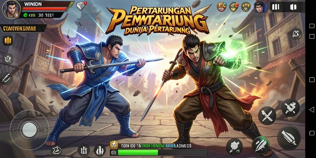 Screenshot utama WINIDN menampilkan aksi pertarungan yang mendebarkan.